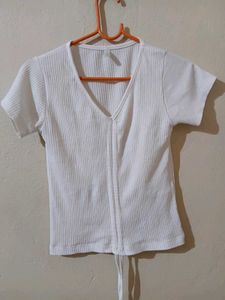 White Ribbed Drawstring Crop Top