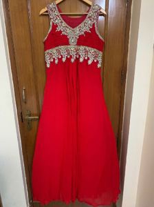 Red Flared Gown/Dress With Heavy Embroidery