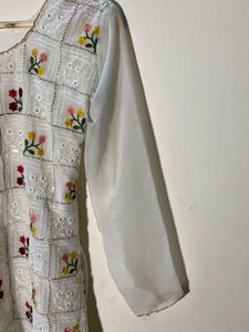 Embroidered White Kurti And Sharara Set
