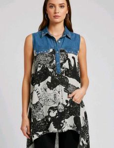 Denim Accent Sleeveless Tunic Top✨