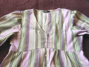 Striped Button-Down Puff Sleeve Top💜💚🤍