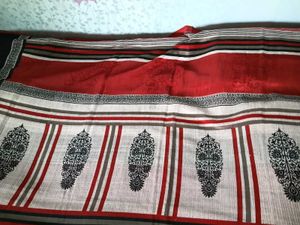 2 Combo Sarees-Red&amp;Black&amp;WhiteStripesJute+Rust&amp;Bla