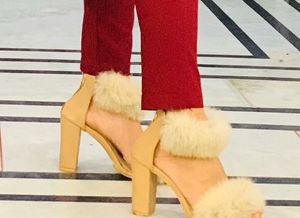Chic Fur Strap Nude Heels