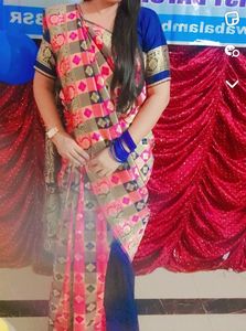 Magenta & Navy Blue Silk Saree With Blouse