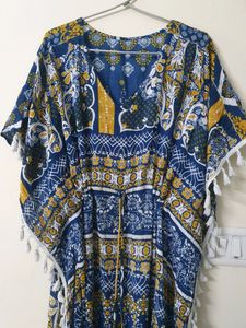 Printed Cotton Kaftan | Navy Blue And White