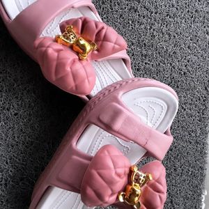 Pink Bowtie Platform Slides