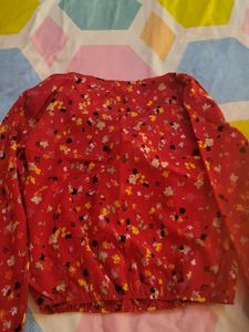 Red Floral Tie-Neck Blouse
