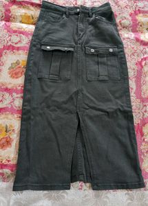 Olive Denim Skirt with Pockets