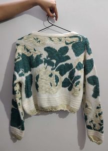 Off White Sweater With Green Leafy Prints
