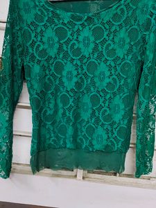 Dark Green Top In Mesh Pattern Style