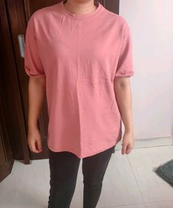 Women Pink Cotton Oversized Casual Tshirt