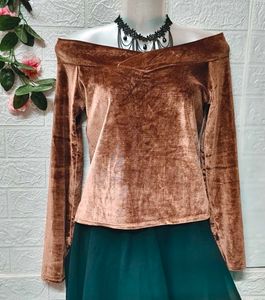 🎁Buy 2 Get 1 Free 🎁Brown Velvet Off-Shoulder Top