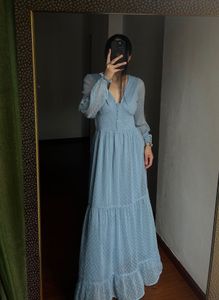 V-neck Powder Blue Maxi with Smocked detailing