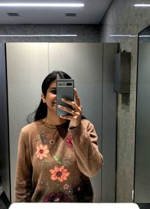 Floral Embroidered Brown Sweater
