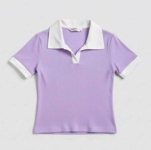 Lilac & White Contrast Collar Ribbed Polo Crop Top