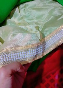 Parrot Green Saree💚 With Golden Col. Blouse 💛
