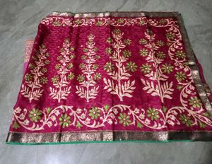 Maroon Embroidered Sari Fabric