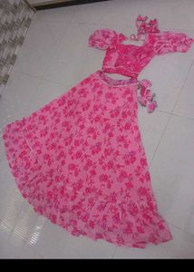 Pink Frill Lehnga And Puf Sleeves Blouse