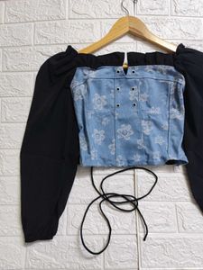 Korean Floral Denim Lace-up Corset Top
