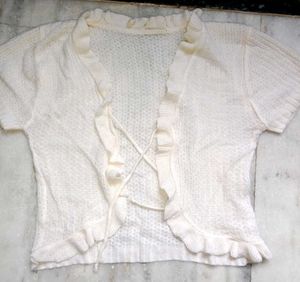 White Ruffle Trim Knit Cardigan