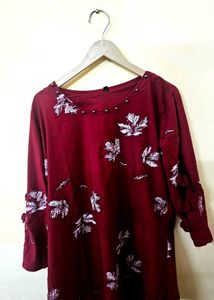 2 XL Maroon Leaf Print Top