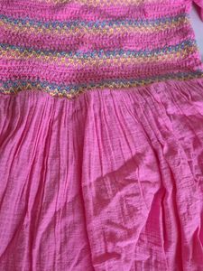 Pink Smocked Off-Shoulder Boho Midi Dress