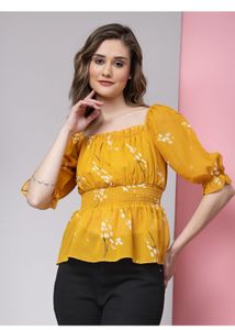 casual Puff Sleeves Floral Print Women Yellow Top