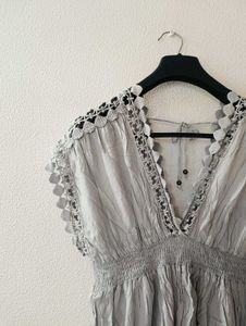 Gray Crochet Trim V-Neck Top