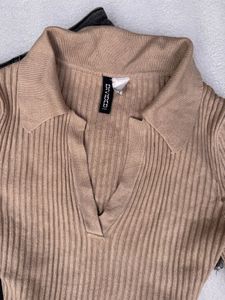 Ribbed Long Sleeve Polo Top