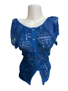 Blue Lace Trim Button Down Top