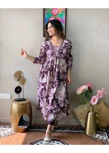 💜🤍 Women Floral Print Alia Cut Dress With Paint