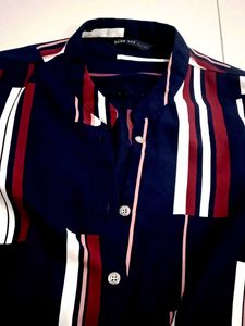 Navy/ Multicolour Mandarin Collar High -low Top