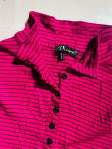 Trendy Cropped Magenta Long-Sleeve Polo Top
