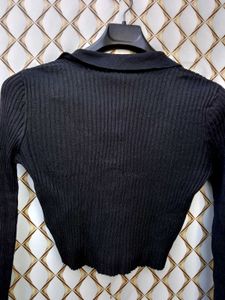 Black Ribbed Polo Crop Top