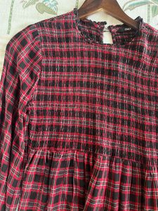 Plaid Ruffle Neck Long Sleeve Top By Only