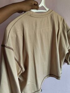 Cropped Beige Tee with Raw Hem