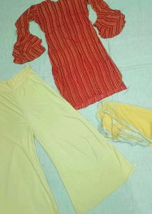 Striped Kurti With Plazo & Dupatta Set