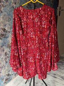 Red Print Bell Sleeve Dress