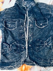 Distressed Denim Jacket with Bow Pockets