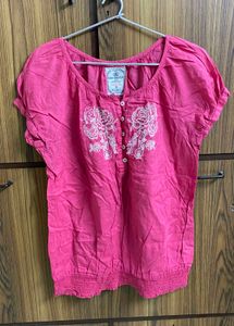 Pink Embroidered Casual Top