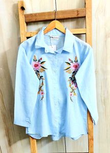 Sky Blue Embroidery Work Cotton Shirt Size-36