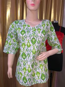 Green & White Printed Top