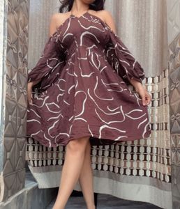 brown offshoulder with neck strip dress