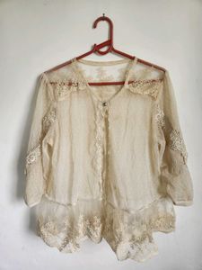 Sheer Lace Blouse with Polka Dot Detail