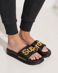 Superdry Embossed Typography Satin Flatform Slides