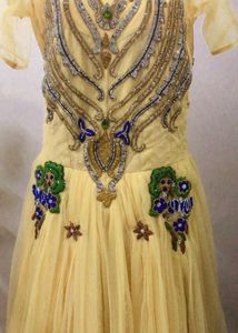 Elegant Gold Embroidered Net Evening Gown