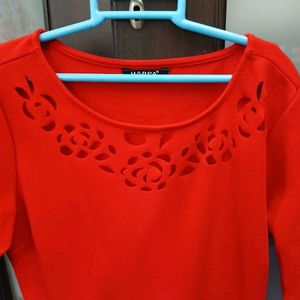 Red Peplum Top With Attractive Cutwork Detailing