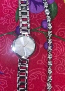 Watch And Bracelet Combo- Silver