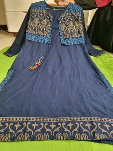 Navy Blue Kurti With Printed Koti