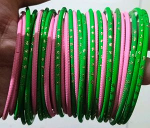 Green And Pink Metal Bangles Set
